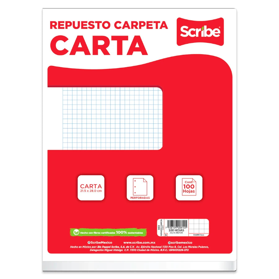 Paquete de Hojas Scribe Tamaño Carta Cuadro Chico (C5) 100 Hojas