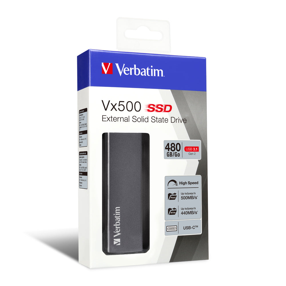 Unidad de Estado Sólido SSD Externo Verbatim Vx500 de 480GB USB 3.1 Gen 2 Color Gris