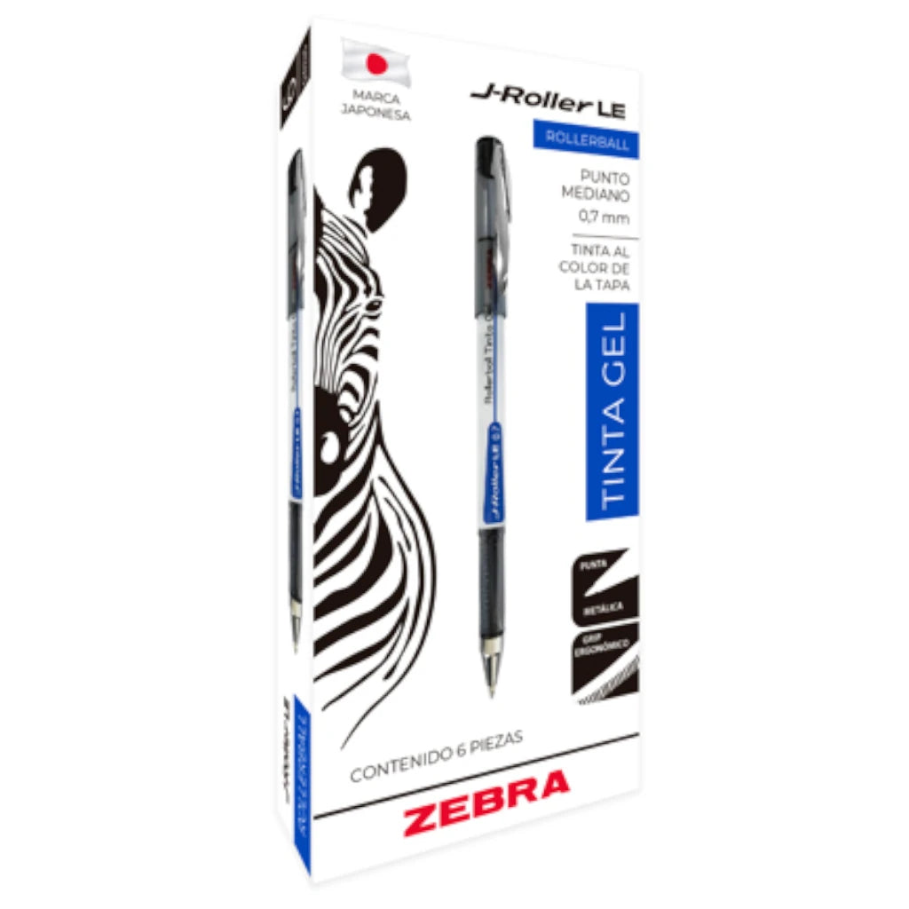 Bolígrafo Zebra J-Roller LE Punto Mediano 0.7mm Tinta Gel Color Azul C/6 Pzas
