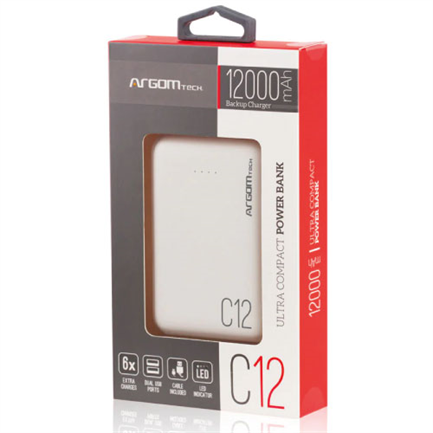 Power Bank Argomtech C12 Ultracompacto 12000mAh 2 Puertos 2.1A/2A Color Blanco