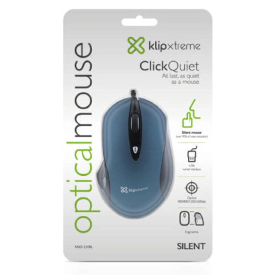 Mouse cableado Klip Xtreme erogonomico silencioso ClickQuiet KMO-250BL 4 botones Conexion USB 2.4 GHz 400/800/1200/1600 DPI Color Azul