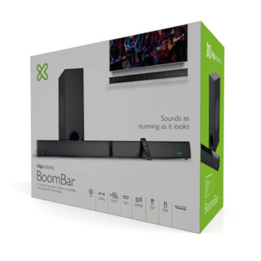 Barra de sonido Klip Xtreme con subwoofer 2.1 Bluetooth 160W BoomBar KSB-230 HDMI ARC Optico digital Aux 3.5 mm USB Control incluido Color Negro