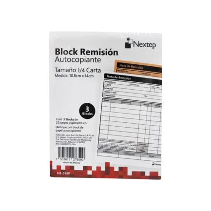 Block Remision Autocopiante Nextep 1/4 Carta 3 Blocks 44 Hojas CU