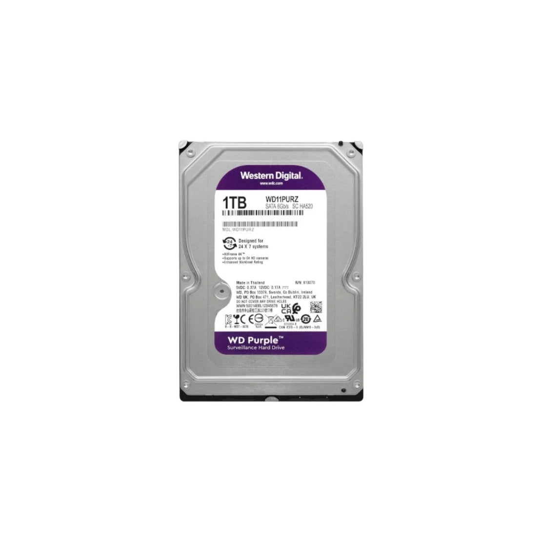 Disco Duro Interno Western Digital Purple Surveillance 1TB 3.5" SATA lll 6 Gbit/s Cache 64MB para Videovigilancia