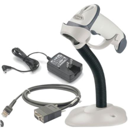 Escaner Alambrico Zebra LS2208 1D Laser con Serial RS232 / DB9 (CBA-R01-S07PBR) Fuente de poder (PWR-WUA5V4W0US) Base (20-61019-01R) HC/Blanco