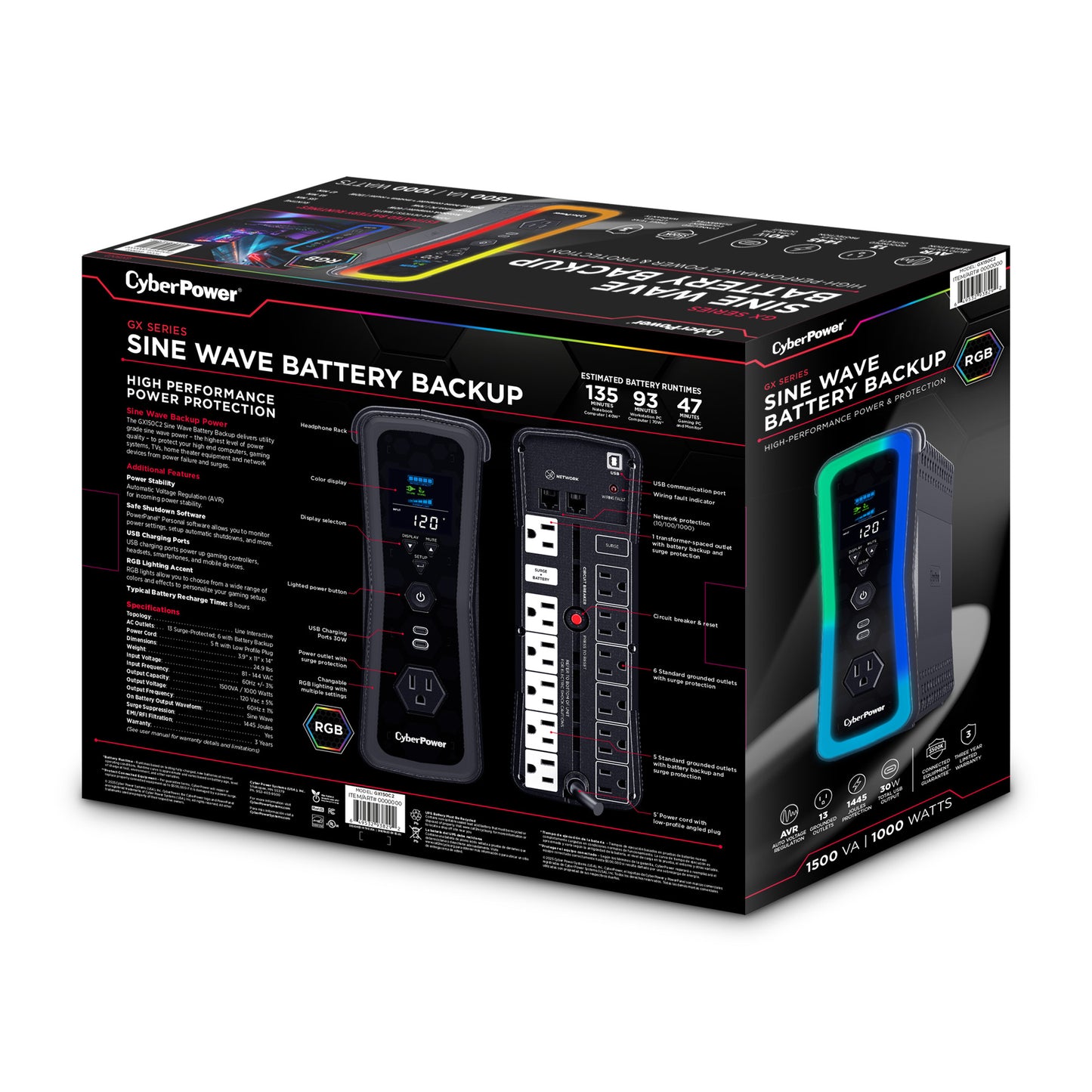 UPS CyberPower GX150C2 1500VA 1000W 120V PFC Activo RGB Panel LCD USB-Cx2