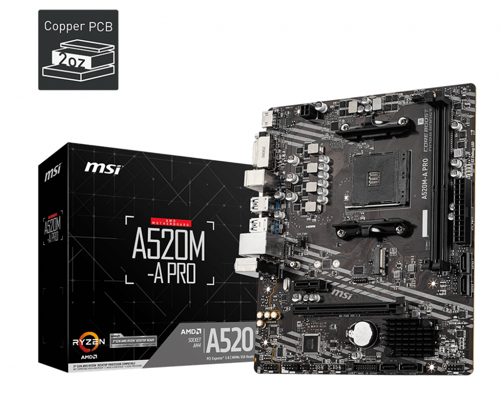 Tarjeta Madre MSI A520M-A Pro AMD S-AM4 Ryzen 5ta Generación 2xDDR4 4600 64GB M.2 SATA-PCIe HDMI/DVI/USB/Audio mATX