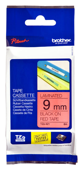 Cinta Brother TZe421 Laminada Estándar Texto Negro sobre Cinta Roja 9mmx8m