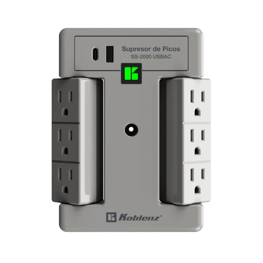 Multicontacto Koblenz Supresor De Picos 2000 Joules 6 contactos guratorios 1 led 1 puertos USB A