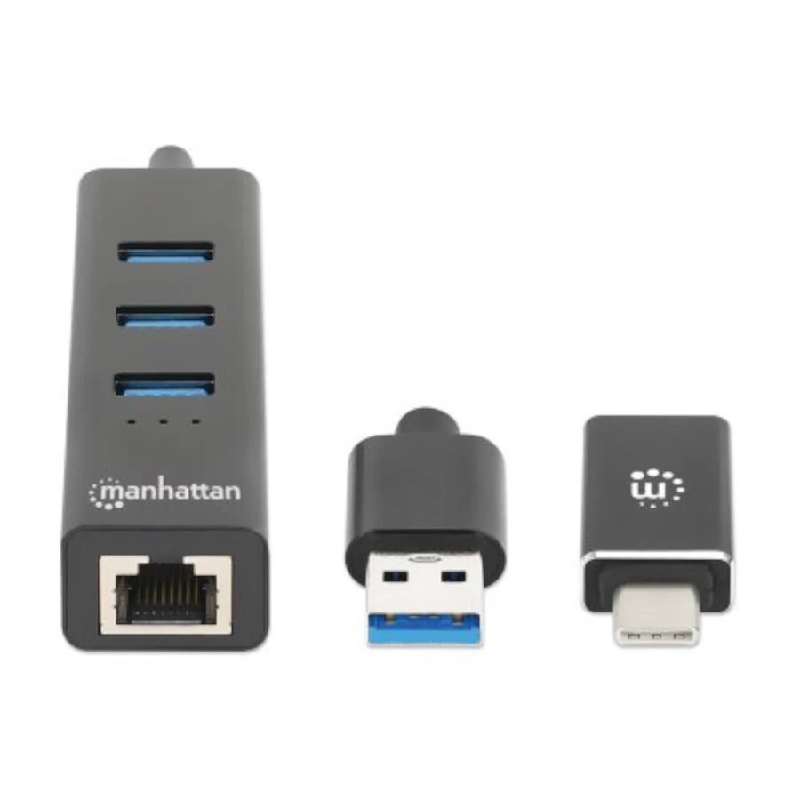 Adaptador de Red Manhattan USB A/C con Hub V3 Color Negro