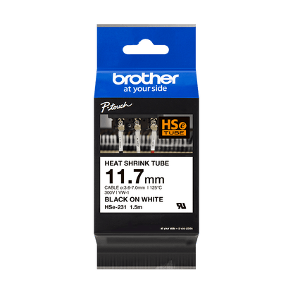 Cinta Brother HSE231 Termorretráctil Texto Negro Sobre Fondo Blanco 11.7mmx1.5m