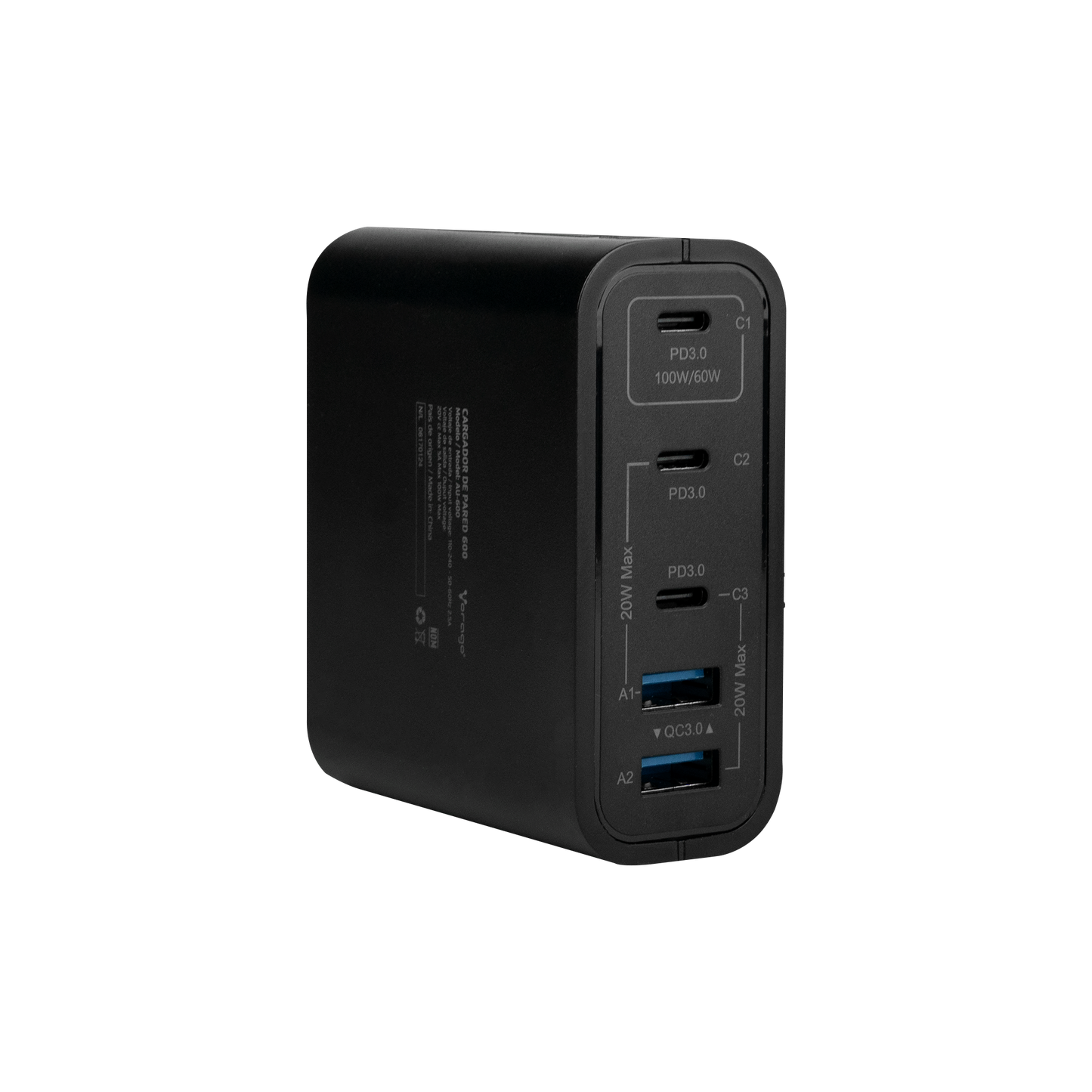 CARGADOR DE PARED VORAGO AU-600 TIPO C 100W PD 5 PUERTOS QUICK CHARGE 3.0 NEGRO