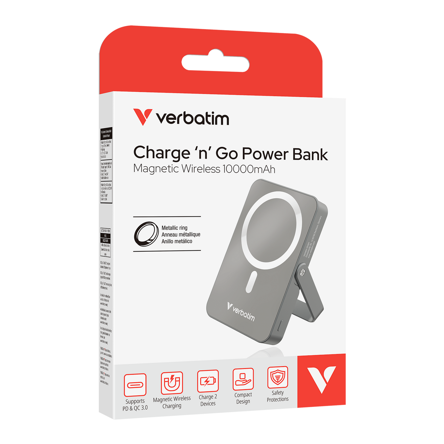 Cargador Magnético Verbatim con carga inalámbrica de vidrio con soporte de 10 000 mah color Gris