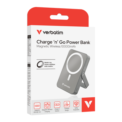 Cargador Magnético Verbatim con carga inalámbrica de vidrio con soporte de 10 000 mah color Gris