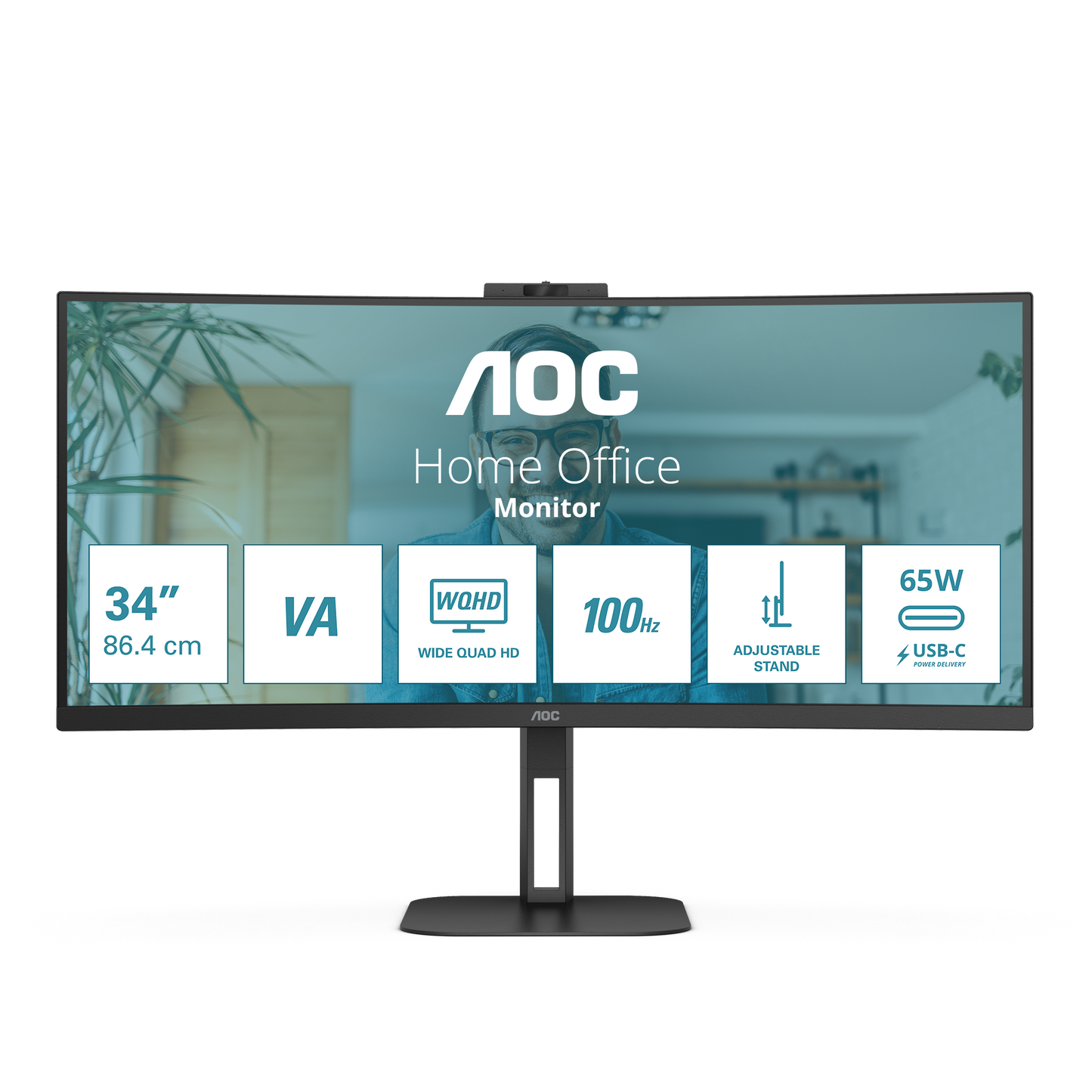 Monitor AOC 34" Professional Curvo VA 1500-R 3440x1440 HDMI DP USB-C DP AltMode 100hz 1ms USB Hub Windows Hello We
