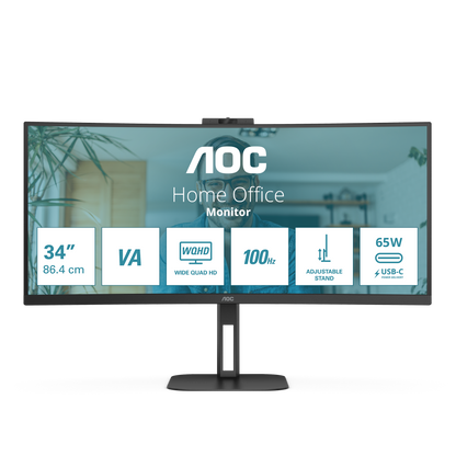Monitor AOC 34" Professional Curvo VA 1500-R 3440x1440 HDMI DP USB-C DP AltMode 100hz 1ms USB Hub Windows Hello We