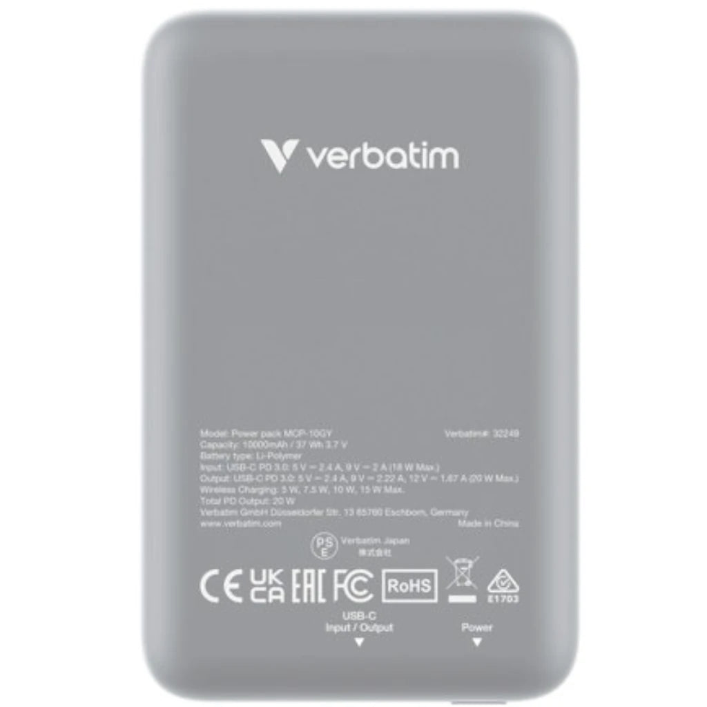 Cargador Verbatim Charge and Go Magnetico Inalámbrico Power Bank 10000 mAh Gris