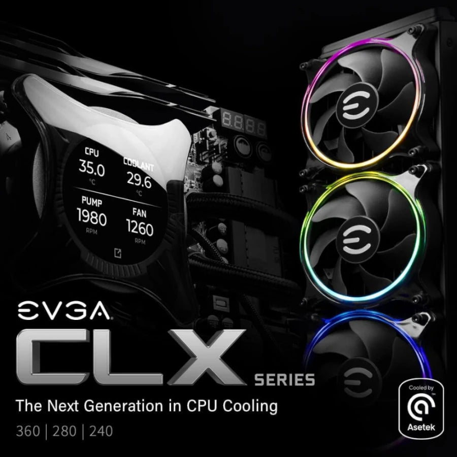 Enfriamiento Liquido para CPU EVGA CLCx AIO 240mm ARGB Display LCD Compatible S 1200 1700 AM4 AM5 Negro