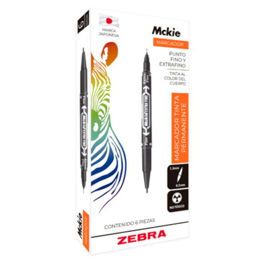 Marcador Permanente Zebra Mckie Doble Punta Fina/Extra Fina Color Negro C/6 Pzas