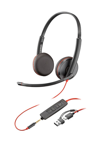 Auriculares Poly Estéreo Blackwire 3225 Conector de 3.5 mm y Adaptador USB-C/A