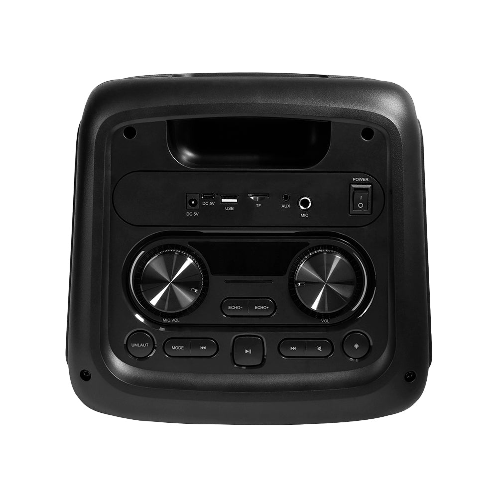BAFLE VORAGO KSP-503 NEGRO 2X8" 2X30WATTS RMS TECNOLOGIA DSP / USB / MSD/ 3.5MM /  RECARGABLE / TWS BT 5HRS CARGA USB TIPO C / MICROFONO INALAMBRICO