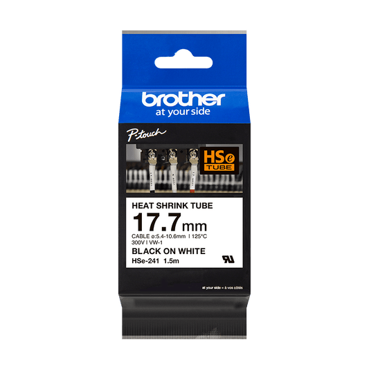 Cinta Brother HSE241 Termorretráctil Texto Negro Sobre Fondo Blanco 17.7mmx1.5mCinta Brother HSE241 Termorretráctil Texto Negro Sobre Fondo Blanco 17.7mmx1.5m