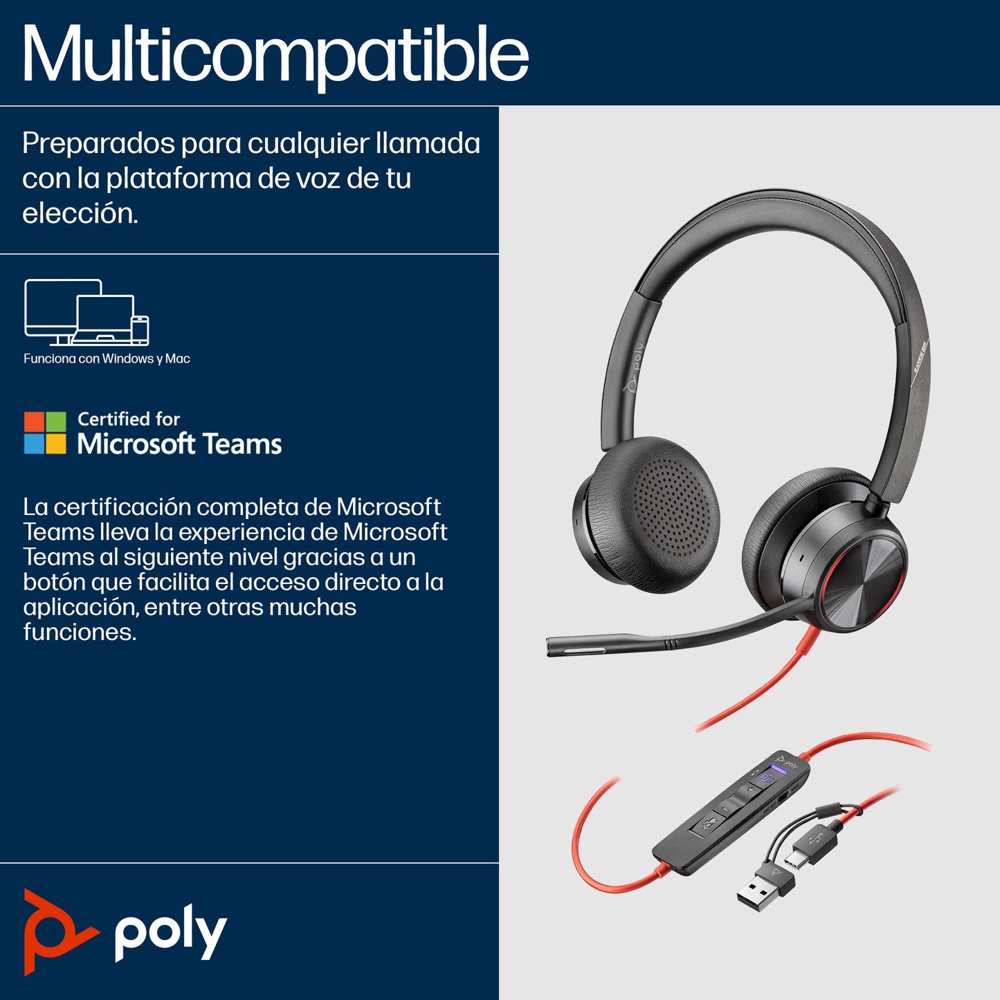 Poly Auriculares estéreo USB-C Blackwire 8225 + Adaptador USB-C/A