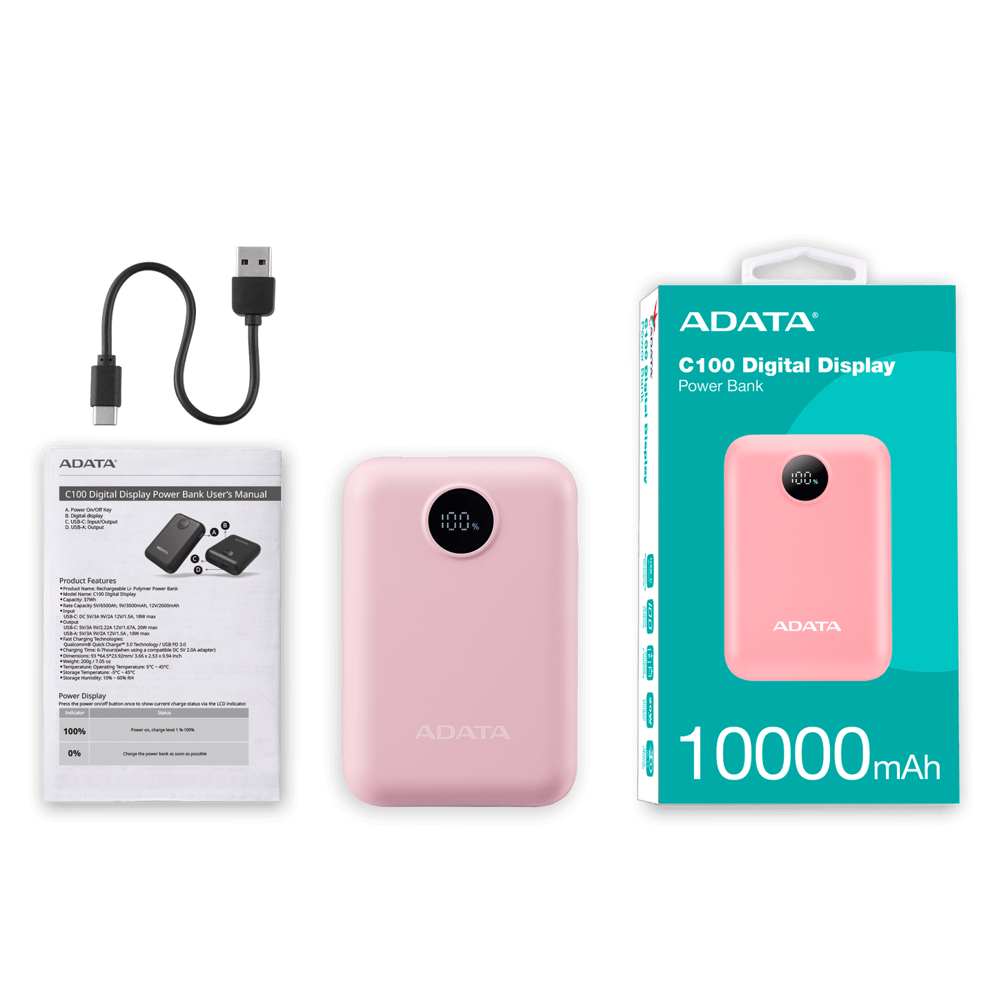 Power Bank Adata 10000mAh Digital PC10022 Rosa