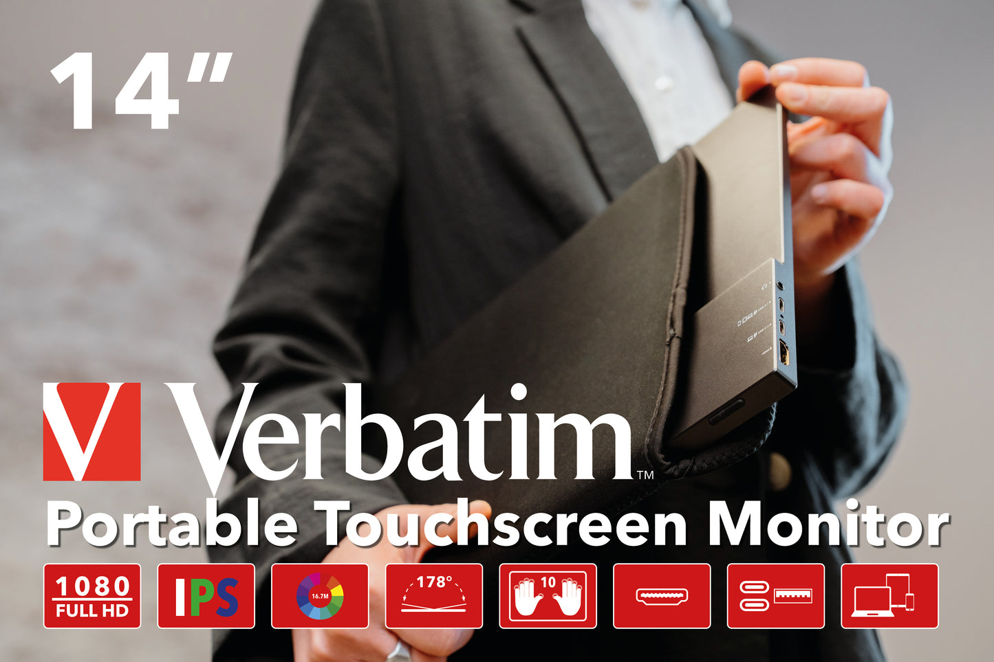 Monitor Verbatim 14" Touch Portátil Full HD 1080p Resolución 1920x1080 IPS HDMI/USB