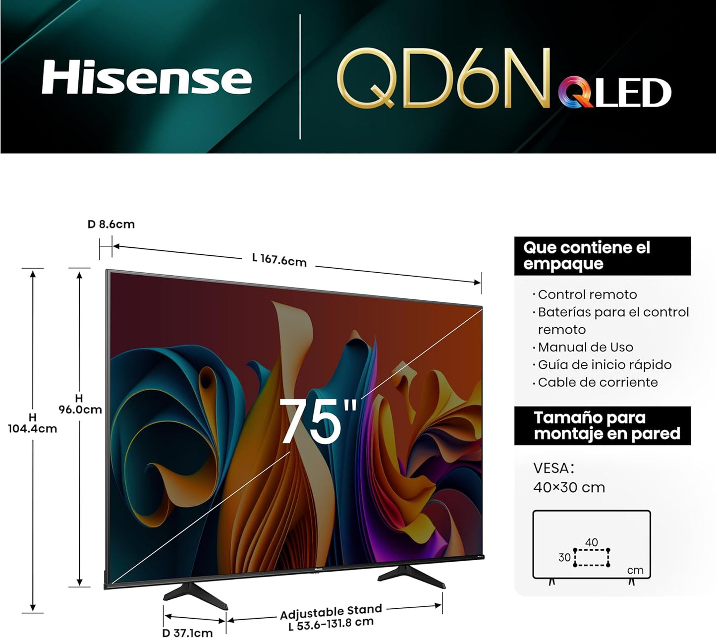 Televisor Hisense QD6N 75 4K Smart Google TV WiFi/HDMI/USB 3840 2160 RGB