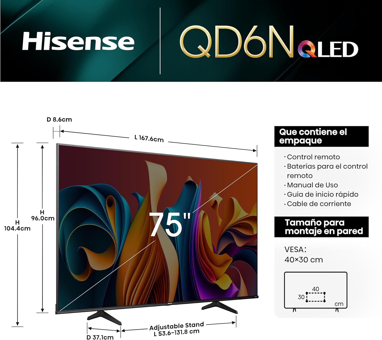 Televisor Hisense QD6N 75 4K Smart Google TV WiFi/HDMI/USB 3840 2160 RGB