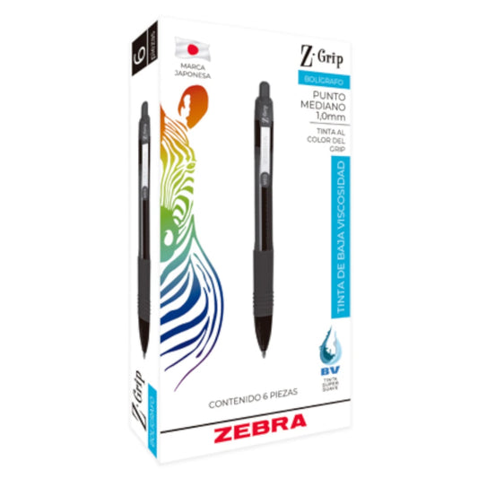 Boligrafo Zebra Z-Grip Punto Med 1mm Color Negro C/6pz