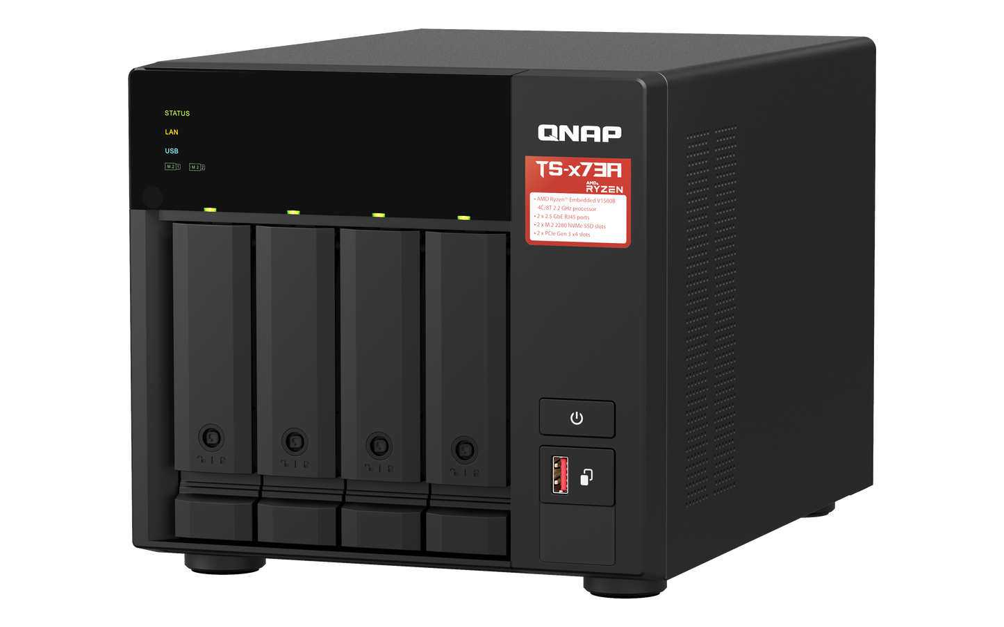 Unidad NAS QNAP CPU Ryzen V1500B Quad Core 2.2Ghz 8GB RAM RJ45 10GbE  4 Bahias 3.5 Hasta 24TB Linux Sin Discos