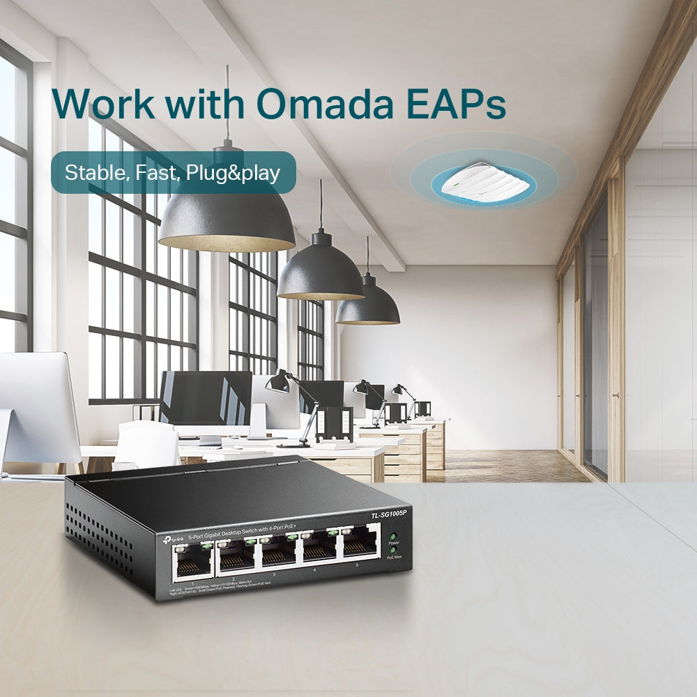 Switch no administrable Omada de Tp-link de 5 puertos 10/100Mbps con 4 puertos PoE+