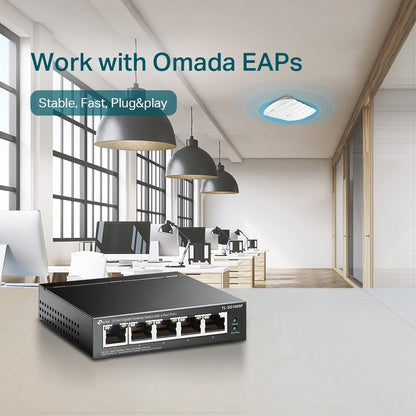 Switch no administrable Omada de Tp-link de 5 puertos 10/100Mbps con 4 puertos PoE+