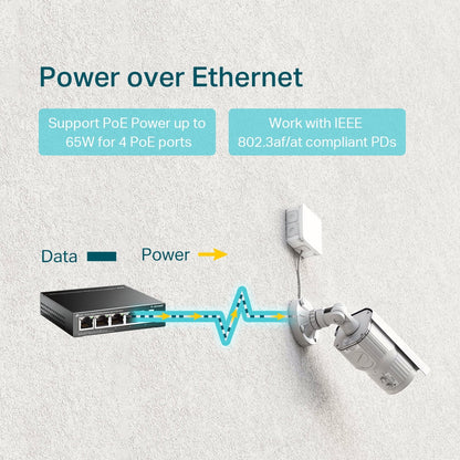 Switch no administrable Omada de Tp-link de 5 puertos 10/100Mbps con 4 puertos PoE+