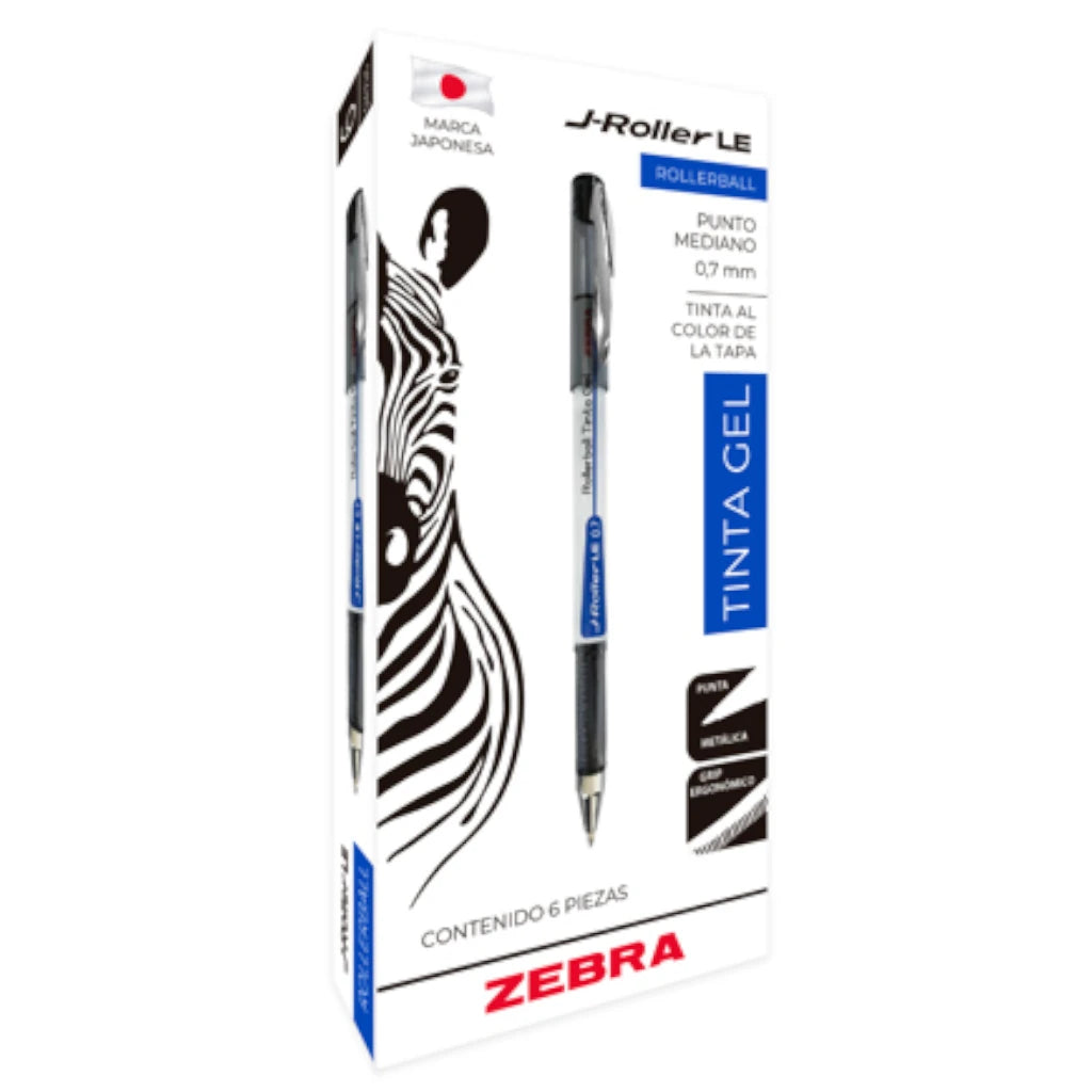Bolígrafo Zebra J-Roller LE Punto Mediano 0.7mm Tinta Gel Color Negro C/6 Pzas