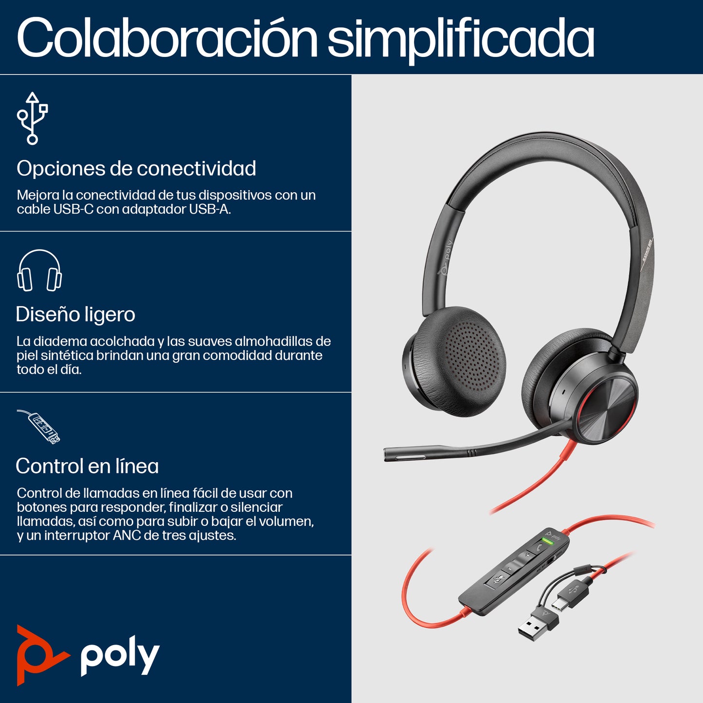 Poly Auriculares estéreo USB-C Blackwire 8225 + Adaptador USB-C/A