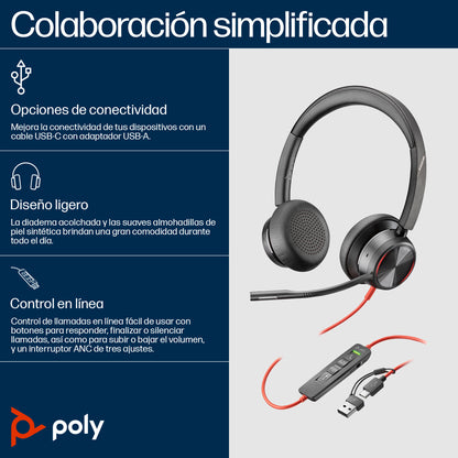 Poly Auriculares estéreo USB-C Blackwire 8225 + Adaptador USB-C/A