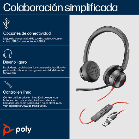 Poly Auriculares estéreo USB-C Blackwire 8225 + Adaptador USB-C/A