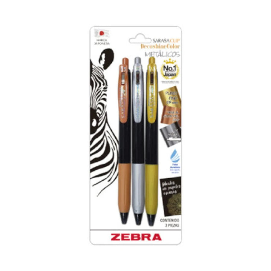 Boigrafo Zebra decoshine retractil Punto fino 0.5 tinta gel colores surtidos metalicos caja c/3