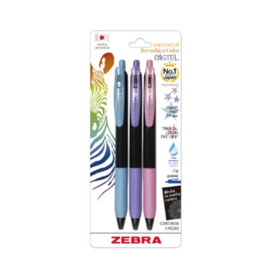 Boigrafo Zebra decoshine retractil Punto fino 0.5 tinta gel colores surtidos pastel caja c/3
