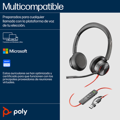 Poly Auriculares estéreo USB-C Blackwire 8225 + Adaptador USB-C/A