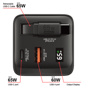 Cargador Verbatim GaN 65W de Cable retráctil