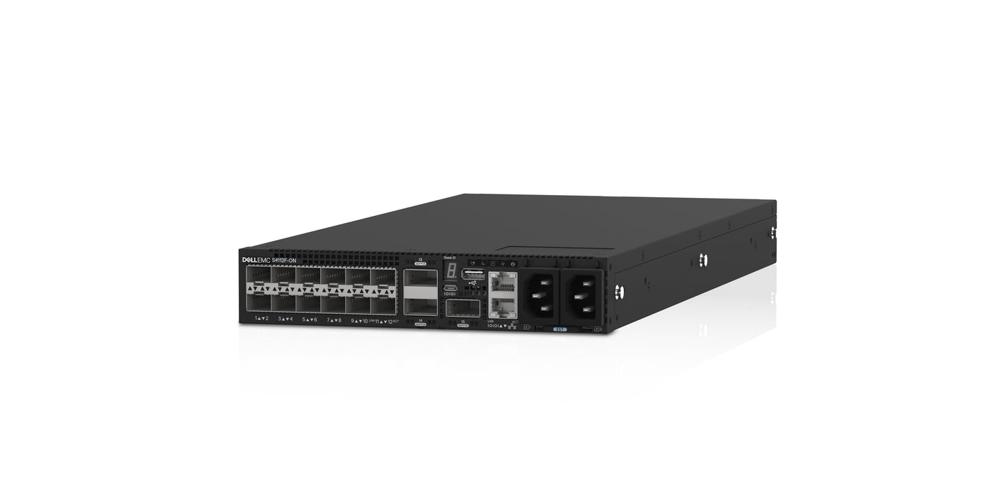 PowerSwitch Dell S4112F 12 x10GbE SFP+ 3 x 100GbE QSFP28 IO to FAN 2 x AC PSU OS10