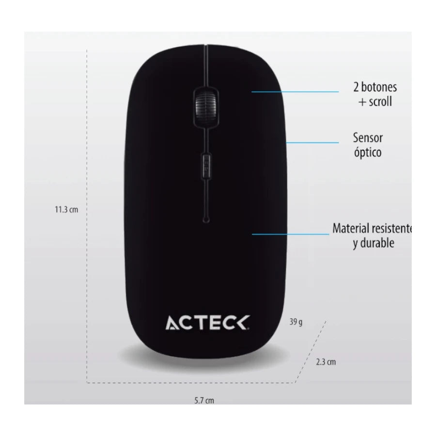 Mouse Estandar Acteck Optimize MI240 Inalambrico 2.4 Ghz de 1600 DPI s 2 Botones + 1xBat AA Incluida Essential Series Negro