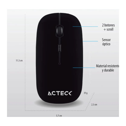 Mouse Estandar Acteck Optimize MI240 Inalambrico 2.4 Ghz de 1600 DPI s 2 Botones + 1xBat AA Incluida Essential Series Negro
