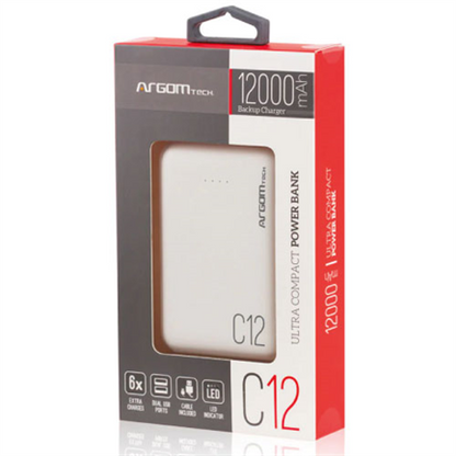 Power Bank Argomtech C12 Ultracompacto 12000mAh 2 Puertos 2.1A/2A Color Blanco
