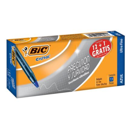 Bolígrafo BIC Cristal Precisión y Suavidad Punto Ultra Fino 0.7mm Color Azul C/12+1 Pzas