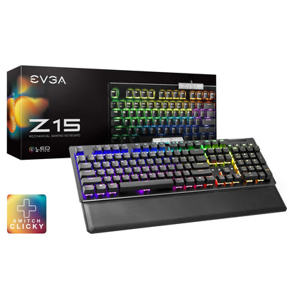 Teclado Gamer EVGA Z15 RGB Multi Mecanico Switch Clicky Speed Bronze Alambrico reposa muÃ±ecas magnetico Negro (EspaÃ±ol)
